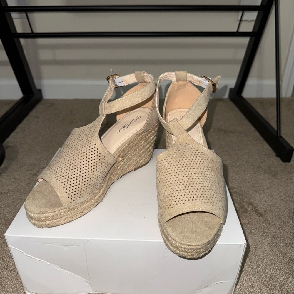 Soda Tan Perforated Wedge Sandals
